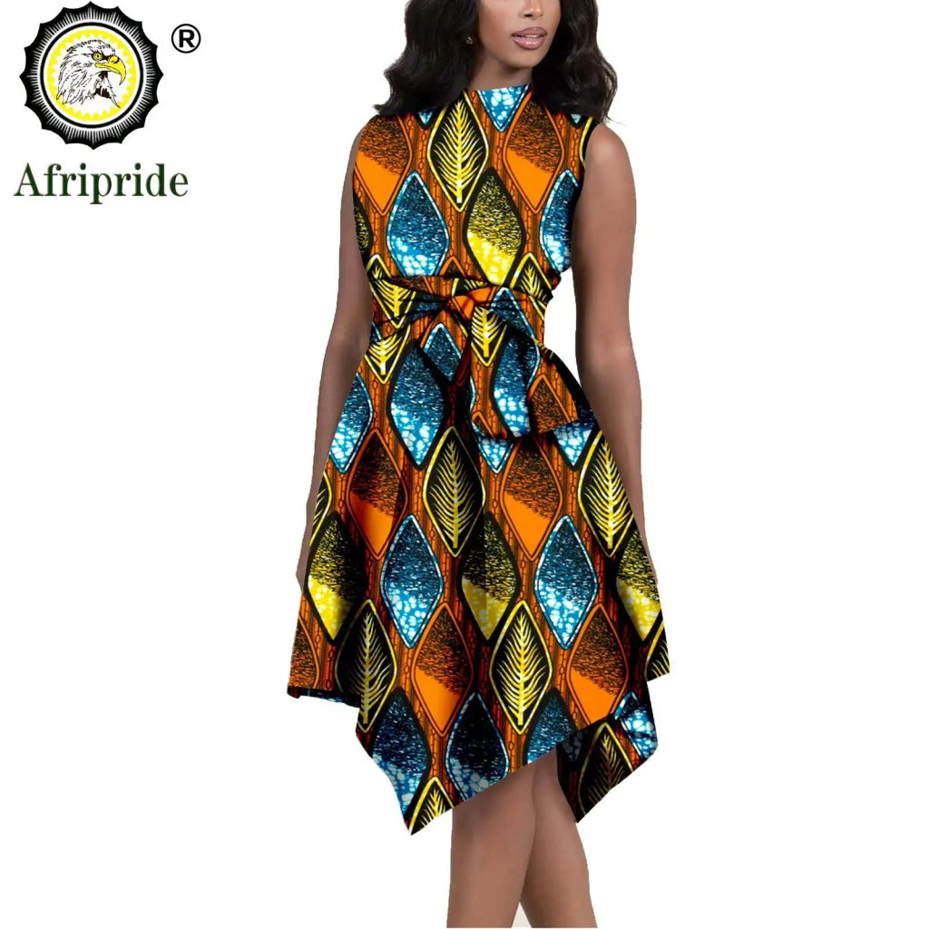 African Print Dresses for Women – Sleeveless Dashiki Ankara Knee Dress with Belt - Free Delivery Worldwide only at Flexi Africa