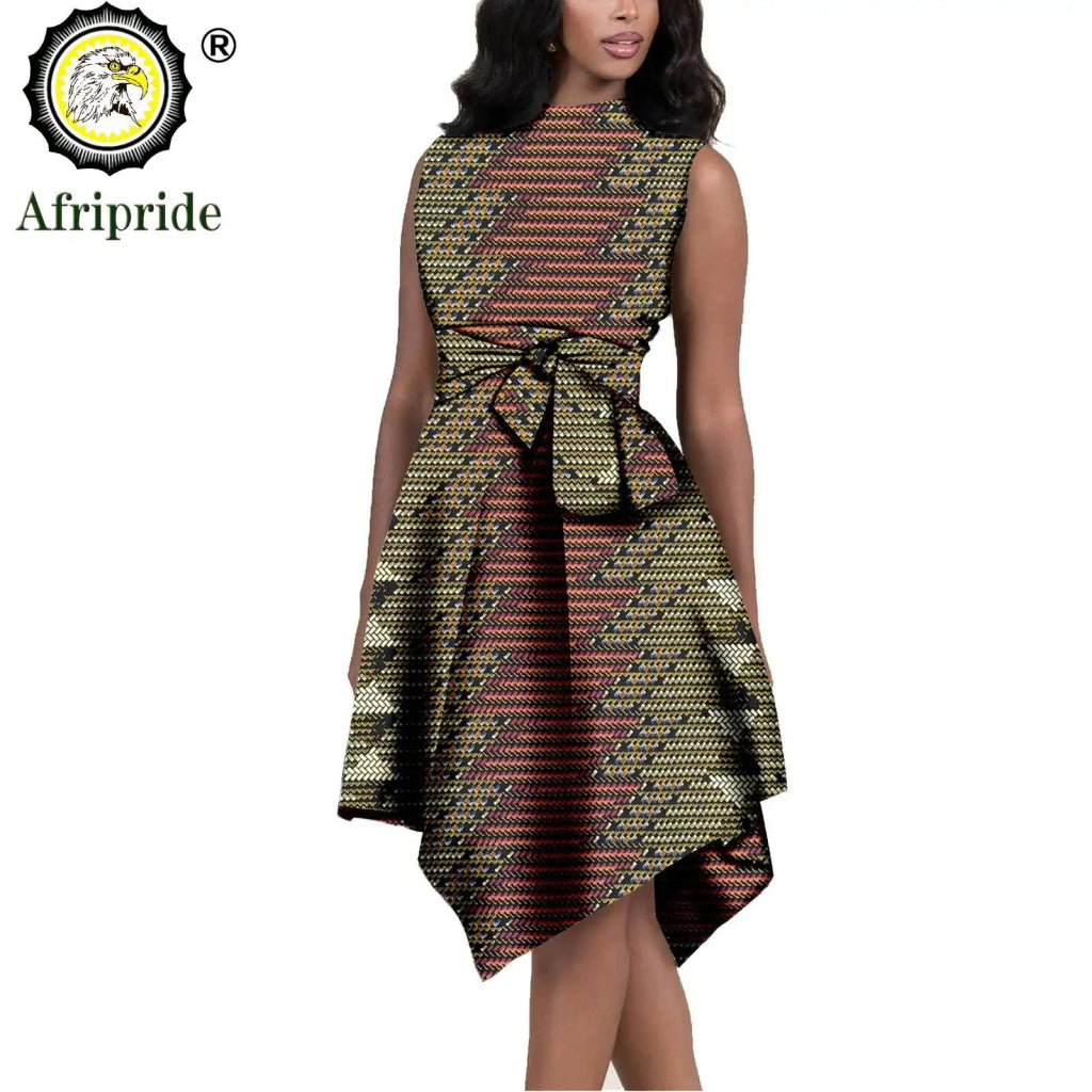 African Print Dresses for Women – Sleeveless Dashiki Ankara Knee Dress with Belt - Free Delivery Worldwide only at Flexi Africa