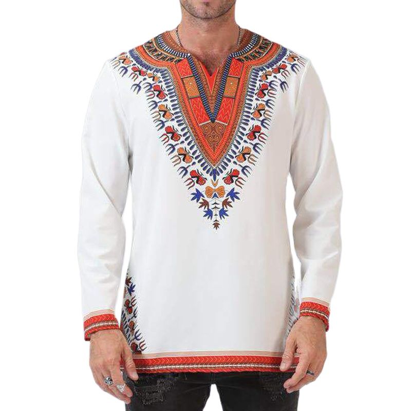 African Print Shirts for Men - White Polished Cotton Tops with Dashiki Design Plus Size Long T-shirts - Flexi Africa