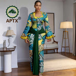 African Print Women’s Floor - Length Dress – Square Collar Long Sleeve Dashiki Gown with Belt - Free Delivery Worldwide only at Flexi Africa
