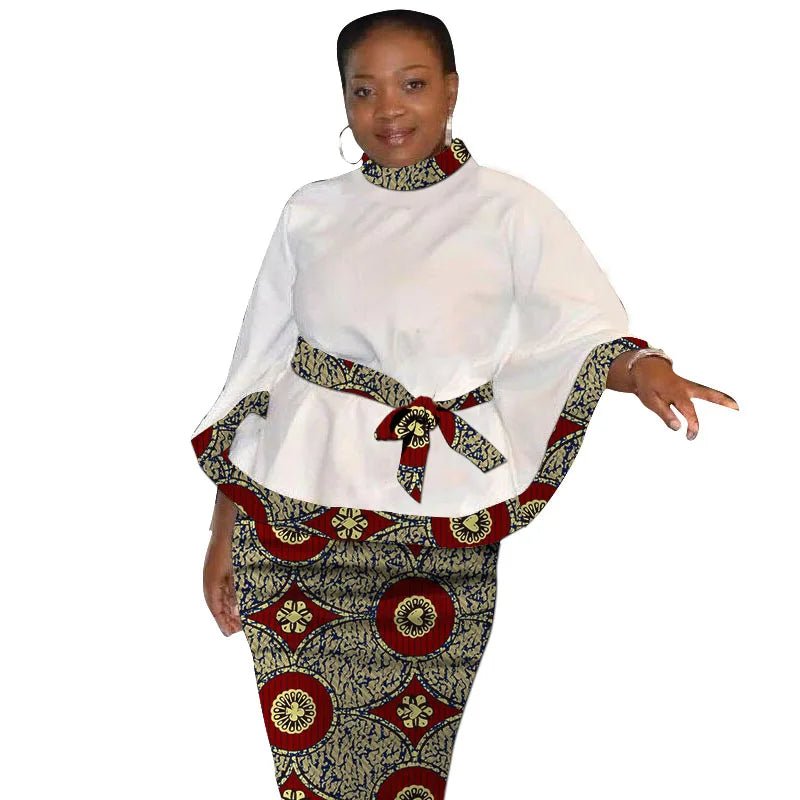 African Print Women’s Two - Piece Outfit – Tailored White Blouse and Belted Wax Skirt - Free Delivery Worldwide only at Flexi Africa