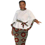African Print Women’s Two - Piece Outfit – Tailored White Blouse and Belted Wax Skirt - Free Delivery Worldwide only at Flexi Africa