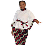 African Print Women’s Two - Piece Outfit – Tailored White Blouse and Belted Wax Skirt - Free Delivery Worldwide only at Flexi Africa