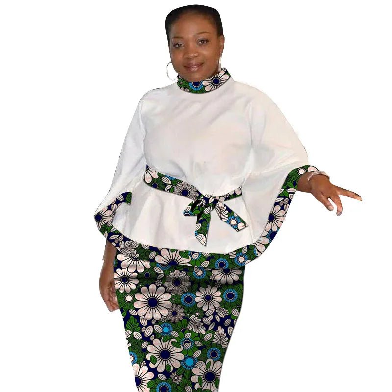 African Print Women’s Two - Piece Outfit – Tailored White Blouse and Belted Wax Skirt - Free Delivery Worldwide only at Flexi Africa