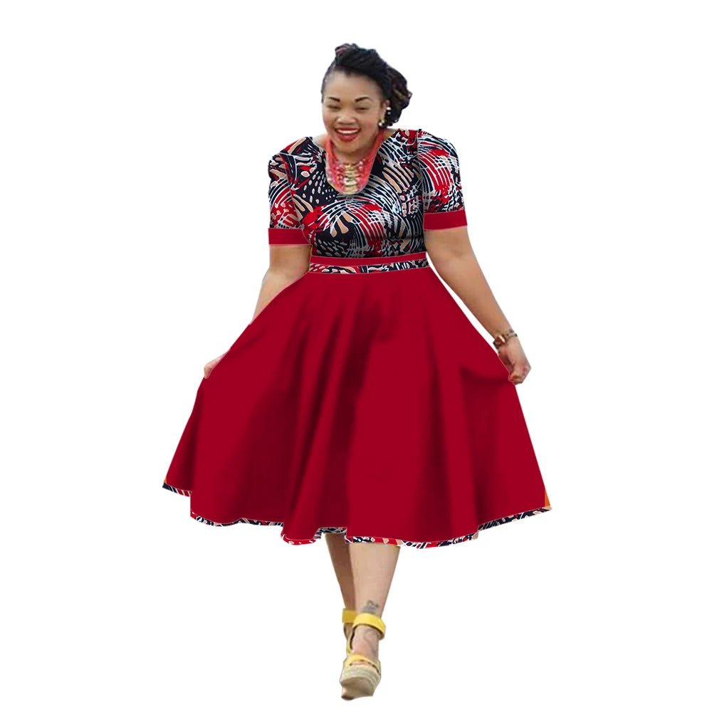 African Traditional Bazin Riche Dress for Women – Cotton Print Knee - Length Summer Wear - Free Delivery Worldwide only at Flexi Africa