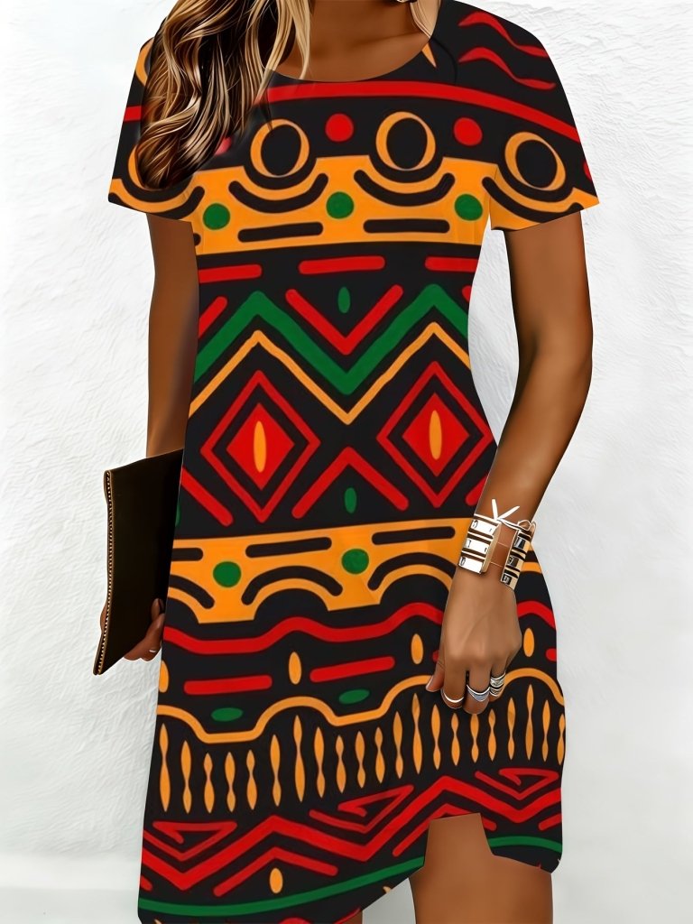 African Tribal Print T-Shirt Dress – Bold Geometric Beach Wear - Free Delivery Worldwide only at Flexi Africa