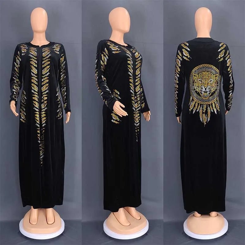 African Velvet Maxi Dress: Letter Robe Style with Sequins, O-Neck and Short Sleeves - Flexi Africa - Flexi Africa offers Free Delivery Worldwide - Vibrant African traditional clothing showcasing bold prints and intricate designs