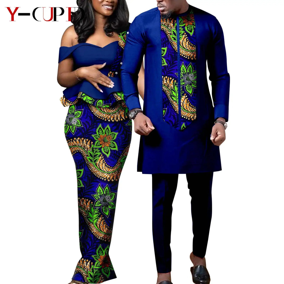 African Wedding Couple Set – Women’s Dashiki Print Dress & Men’s Kaftan Top and Pant Outfit - Free Delivery Worldwide only at Flexi Africa
