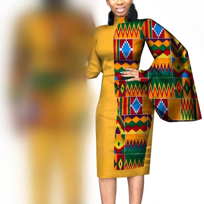 African Wedding Matching Outfit – Slim Women’s Dress and Men’s Patchwork Shirt with Pants - Free Delivery Worldwide only at Flexi Africa