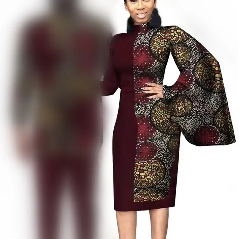 African Wedding Matching Outfit – Slim Women’s Dress and Men’s Patchwork Shirt with Pants - Free Delivery Worldwide only at Flexi Africa
