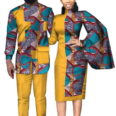 African Wedding Matching Outfit – Slim Women’s Dress and Men’s Patchwork Shirt with Pants - Free Delivery Worldwide only at Flexi Africa