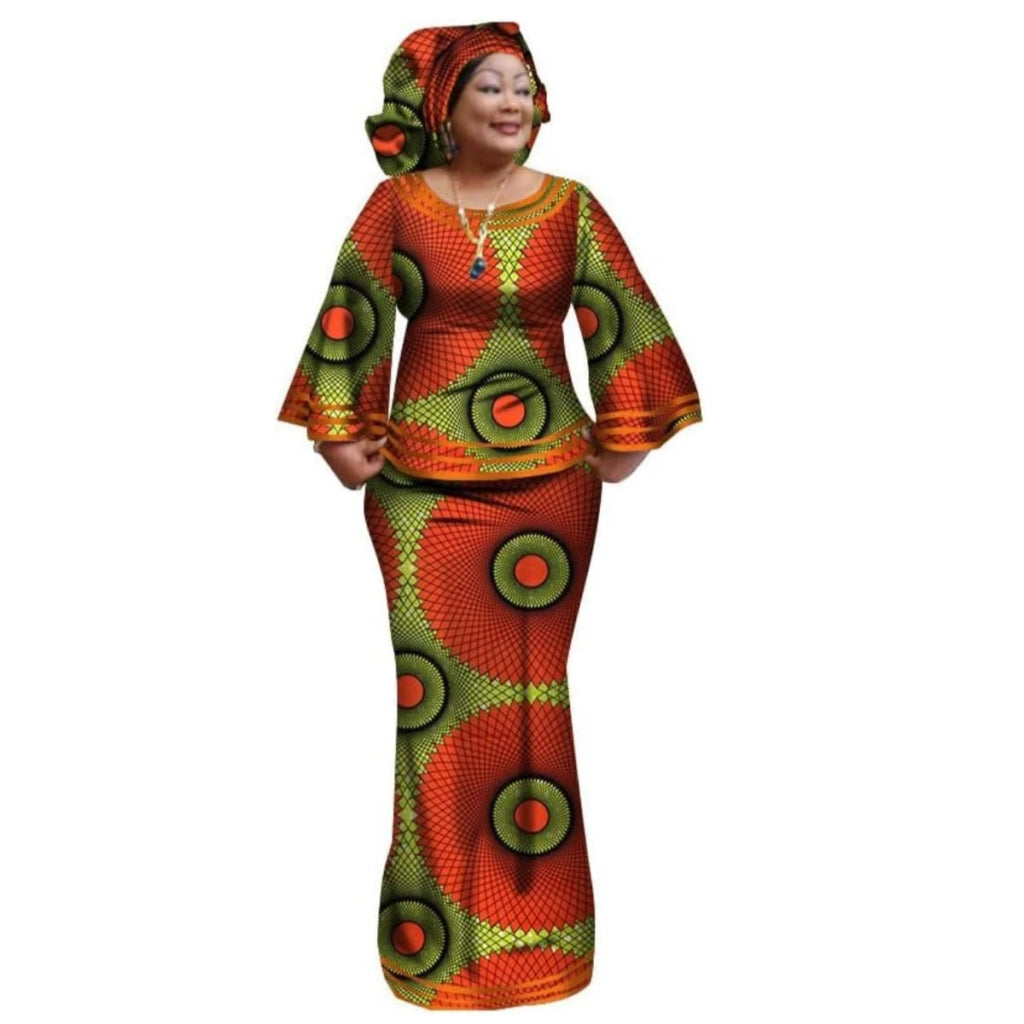 African Women’s Ankara Print 2PC Outfit – Long Sleeve Dashiki Top & Skirt Set with Matching Headwrap - Free Delivery Worldwide only at Flexi Africa