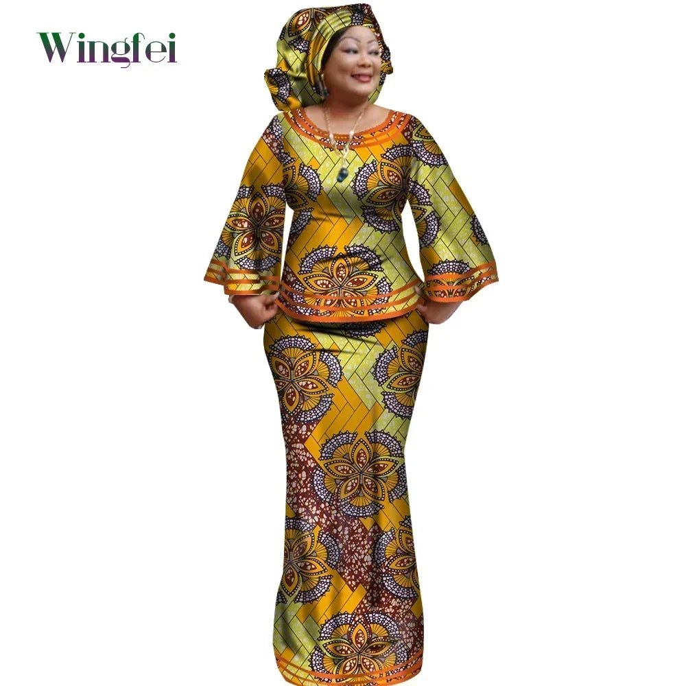 African Women’s Ankara Print 2PC Outfit – Long Sleeve Dashiki Top & Skirt Set with Matching Headwrap - Free Delivery Worldwide only at Flexi Africa