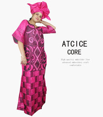 African Women's Bazin Riche Embroidered Plus - Size Long Dress with Matching Scarf - Free Delivery Worldwide only at Flexi Africa