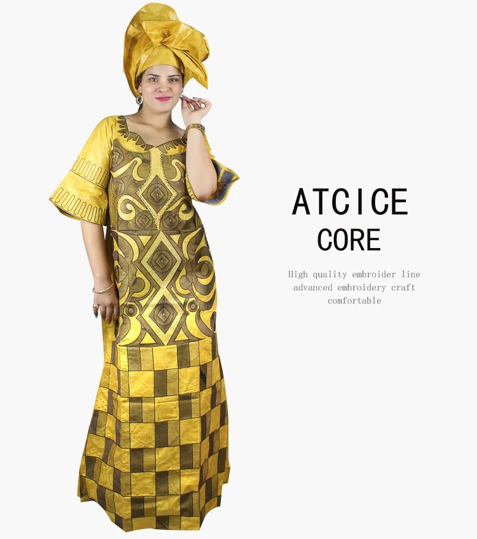 African Women's Bazin Riche Embroidered Plus - Size Long Dress with Matching Scarf - Free Delivery Worldwide only at Flexi Africa