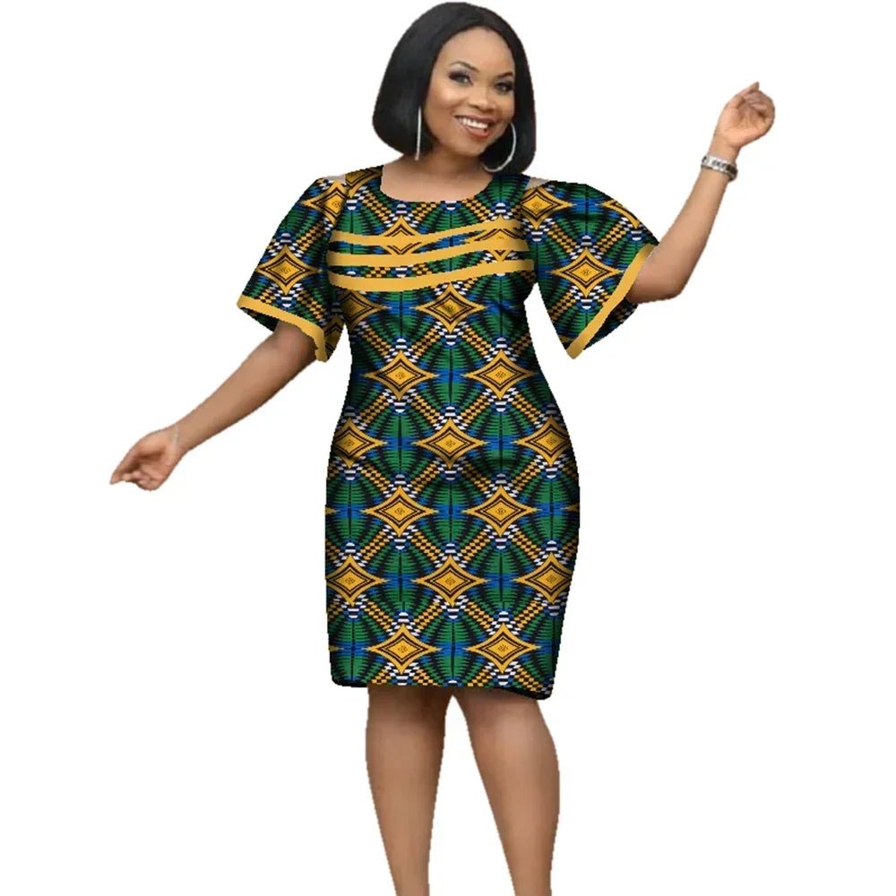 African Women’s Cotton Wax Print Dress – Dashiki Short Sleeve O - Neck Pencil Dress - Free Delivery Worldwide only at Flexi Africa