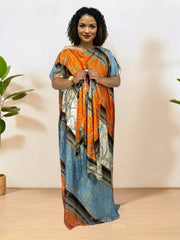 African Women's Elegant Dress - Full - Body Floral Print Loose Fit Maxi Dress with Color Blocking,Party Wear with Scarf - Free Delivery Worldwide only at Flexi Africa