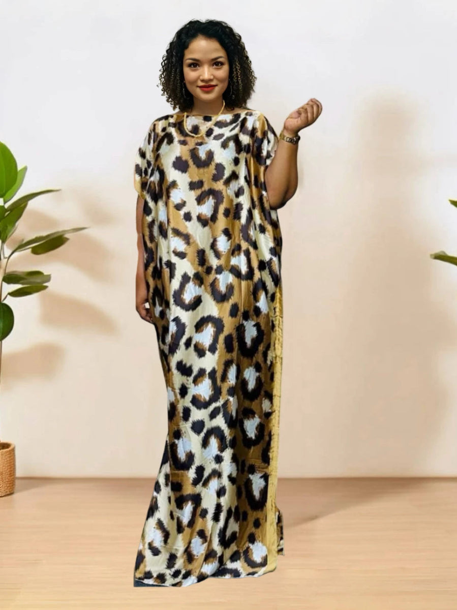 African Women's Elegant Dress - Full - Body Floral Print Loose Fit Maxi Dress with Color Blocking,Party Wear with Scarf - Free Delivery Worldwide only at Flexi Africa