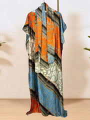 African Women's Elegant Dress - Full - Body Floral Print Loose Fit Maxi Dress with Color Blocking,Party Wear with Scarf - Free Delivery Worldwide only at Flexi Africa
