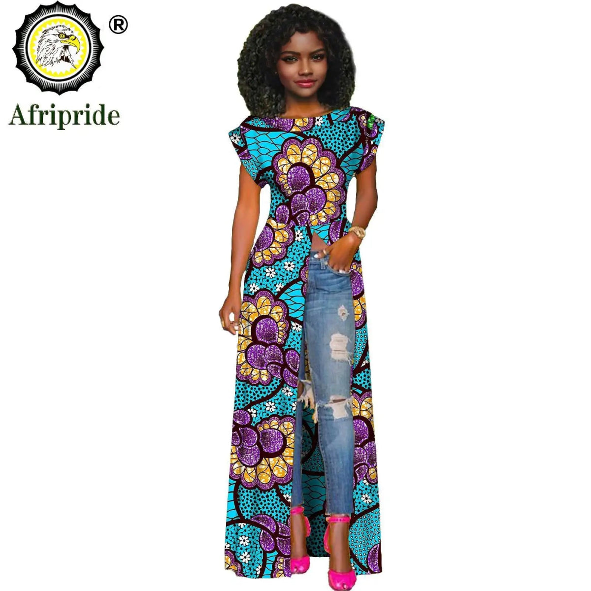 African Women's Long Trench Coat – Short Sleeve Bazin Riche Overcoat - Free Delivery Worldwide only at Flexi Africa