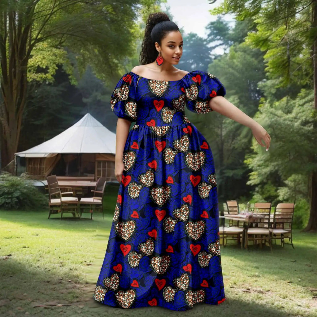 African Women’s Strapless Dress with Bubble Sleeves & Matching Earrings - Free Delivery Worldwide only at Flexi Africa