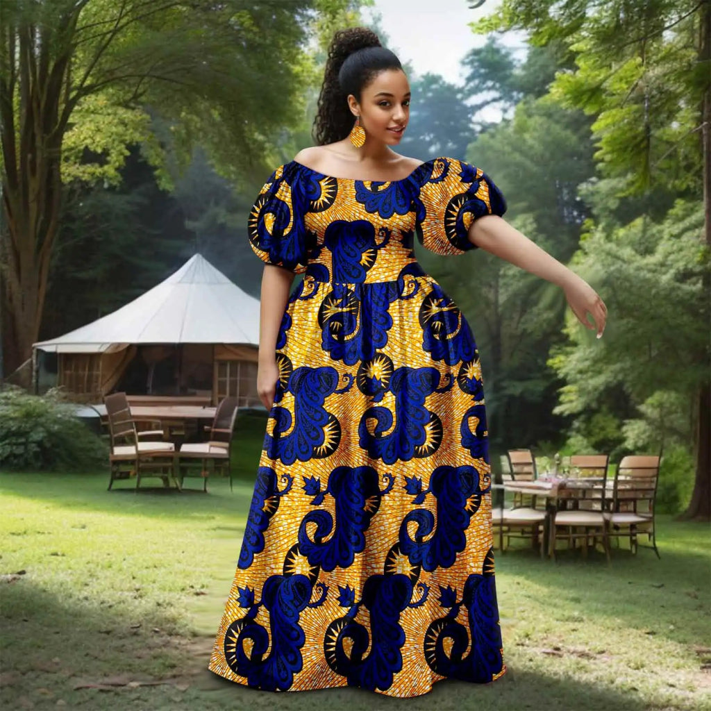 African Women’s Strapless Dress with Bubble Sleeves & Matching Earrings - Free Delivery Worldwide only at Flexi Africa