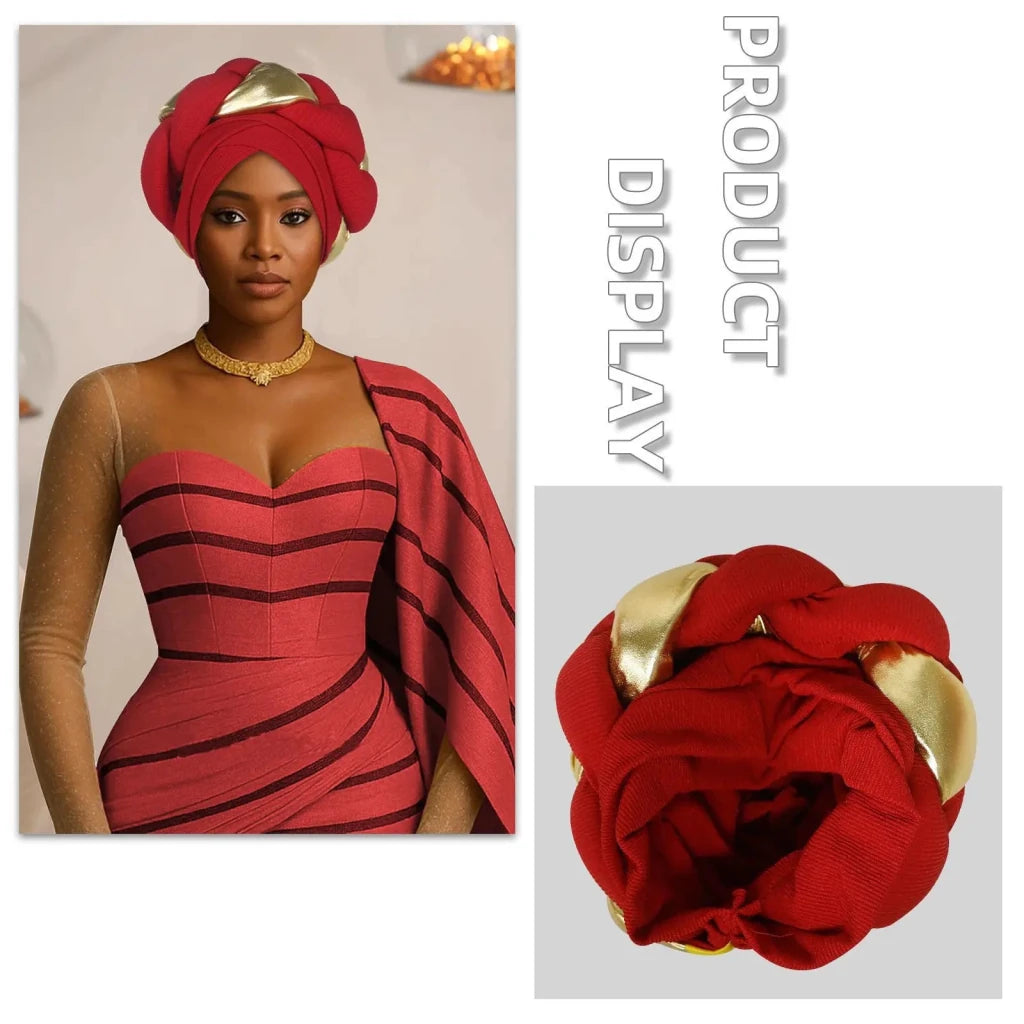 Already Made Big Braid Turban Cap – Nigerian Aso Oke Auto Gele Party Headwrap - Free Delivery Worldwide only at Flexi Africa