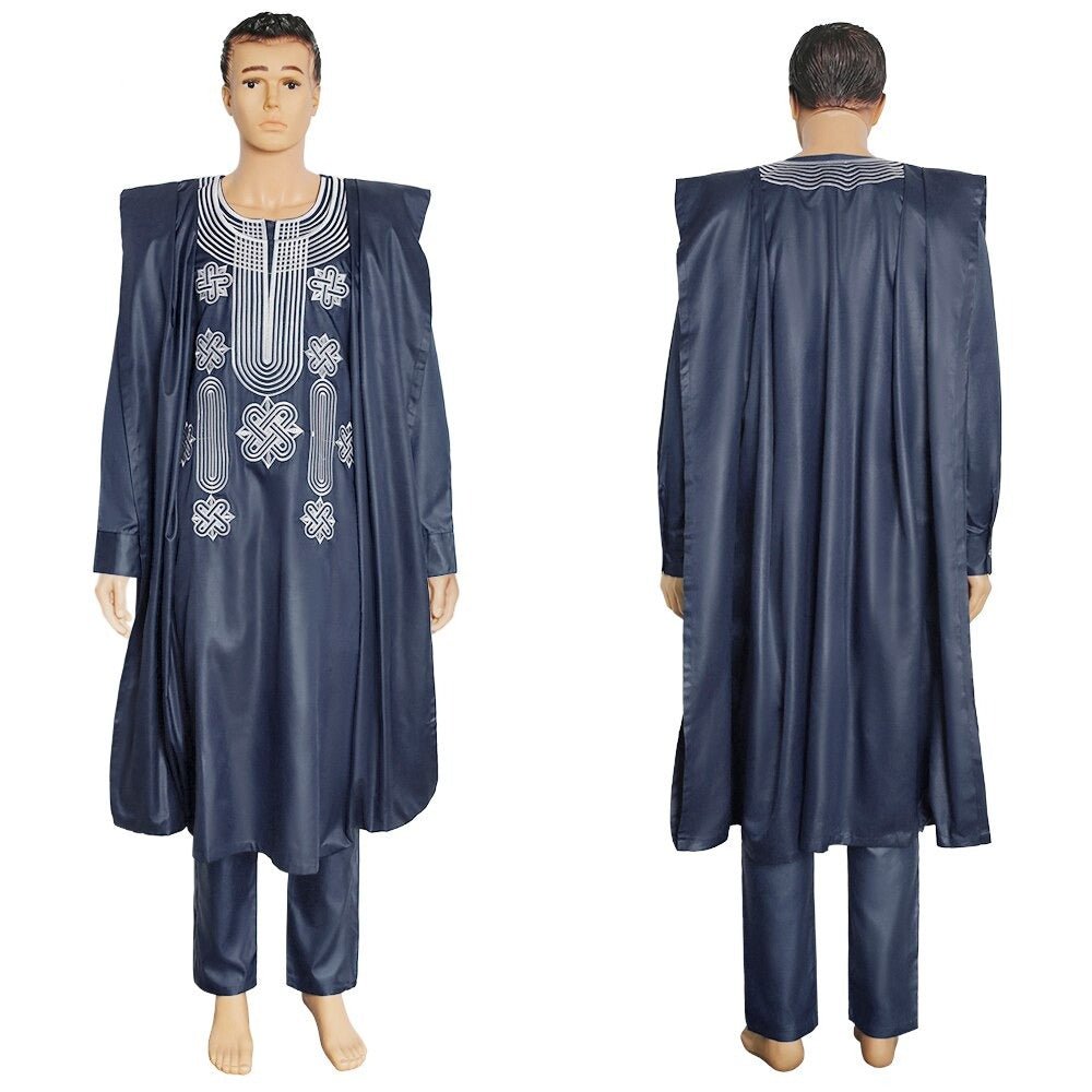 Authentic African Style: Men's Embroidered Agbada Suit Set with Traditional Robes, Long Sleeve Shirt, and Pants
