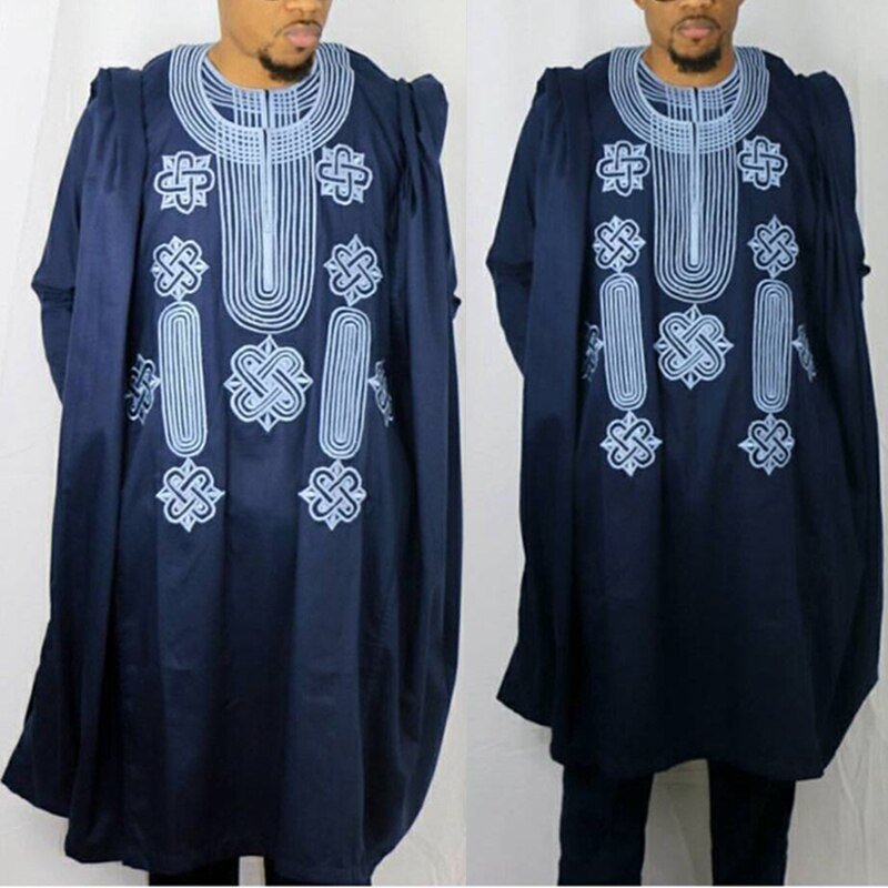 Authentic African Style: Men's Embroidered Agbada Suit Set with Traditional Robes, Long Sleeve Shirt, and Pants