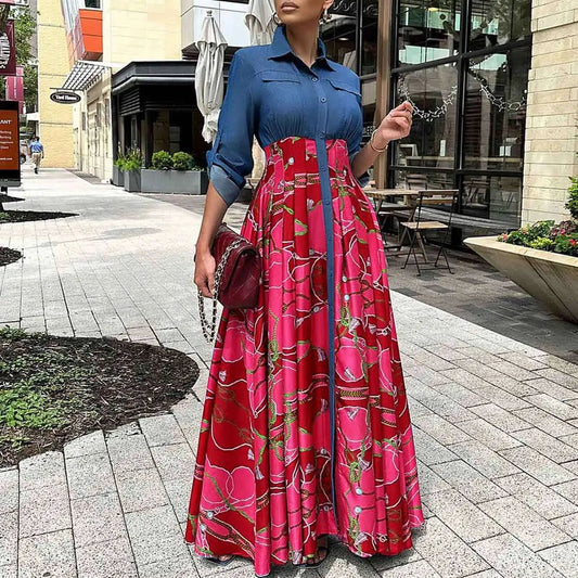 Autumn Winter African Dresses Women Long Sleeve Printing Polyester Red Blue Long Dress Maxi Clothes - Free Delivery Worldwide only at Flexi Africa