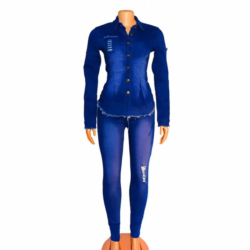 Autumn Winter Fashion: 2PC Denim African Clothing Set for Women - Jeans Long Sleeve Shirt and Pants Matching Ensemble