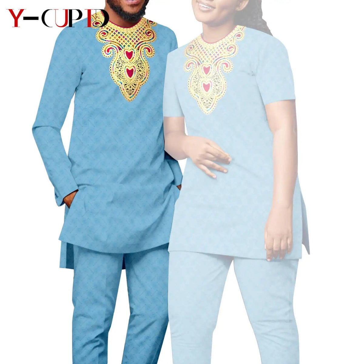 Bazin Riche Couple Outfit – Women’s Jacquard Top & Pants Set with Matching Men’s Kaftan Party Wear - Free Delivery Worldwide only at Flexi Africa