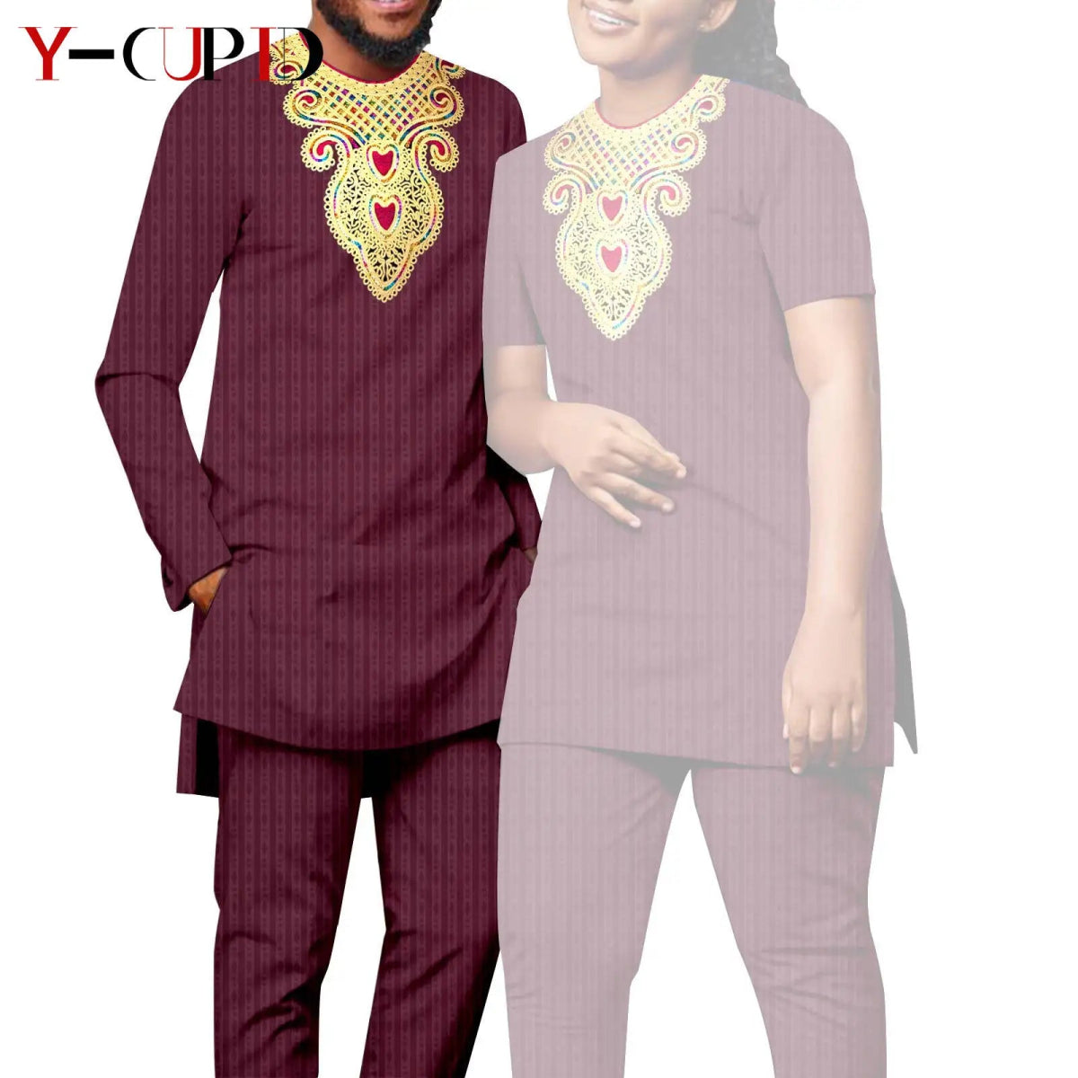 Bazin Riche Couple Outfit – Women’s Jacquard Top & Pants Set with Matching Men’s Kaftan Party Wear - Free Delivery Worldwide only at Flexi Africa