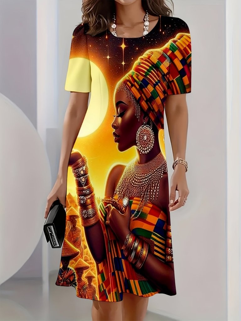 Black History Month Full Print Dress – African Woman with Moon Background, Crew Neck Maxi - Free Delivery Worldwide only at Flexi Africa