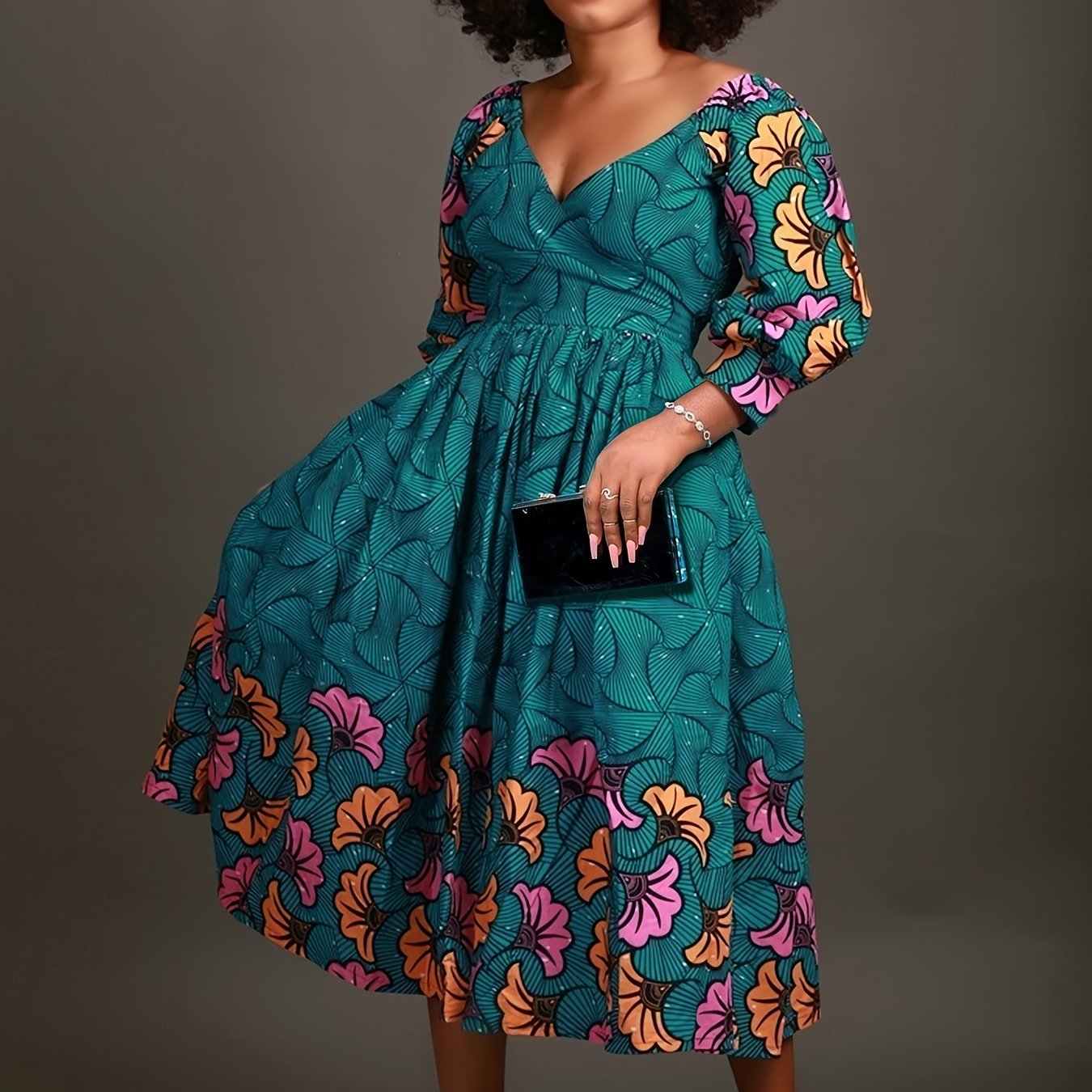 Women’s Plus Size Casual Floral V-Neck Dress – Fitted A-Line, Stretch Polyester, Spring/Fall Wear