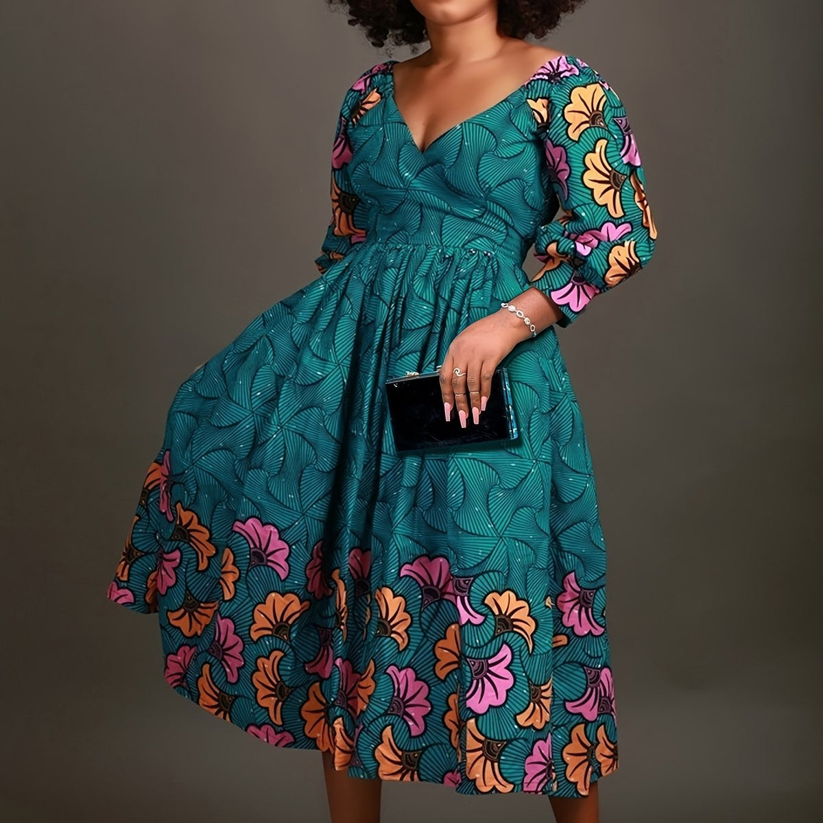 Women’s Plus Size Casual Floral V-Neck Dress – Fitted A-Line, Stretch Polyester, Spring/Fall Wear