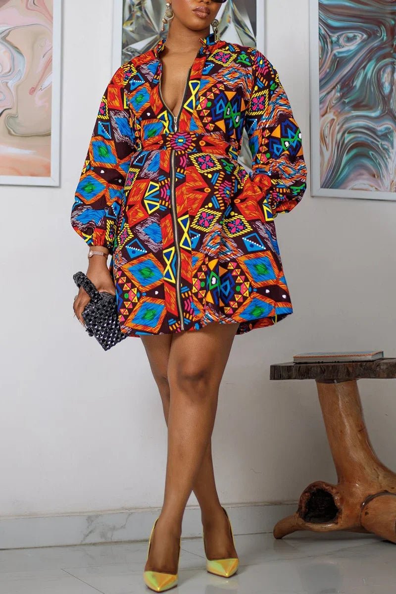 Chic Daily Ankara Print Lantern Sleeve Mini Dress - New Casual Elegant Short Dress - Flexi Africa - Free Delivery Worldwide only at www.flexiafrica.com