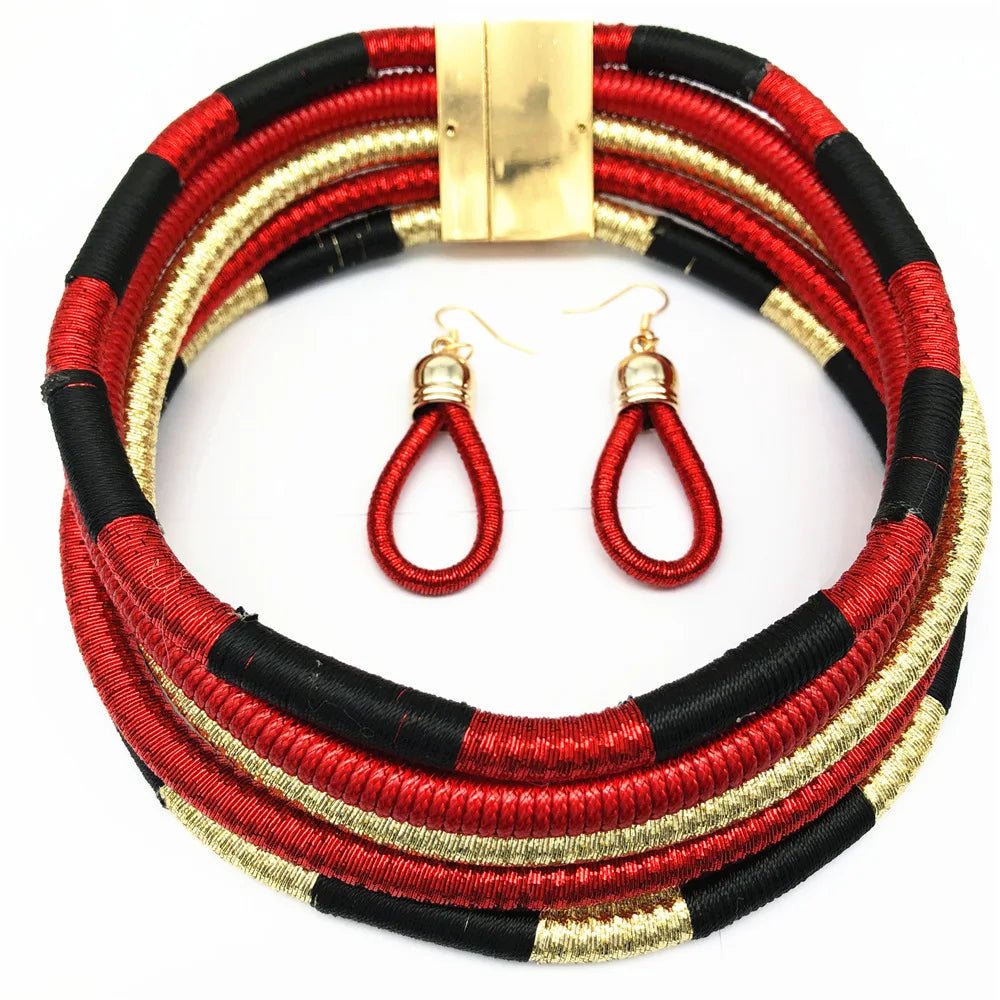 Colorful Rope Weave African Necklaces: Multilayer Tribal Choker Earrings Set - Flexi Africa - Flexi Africa offers Free Delivery Worldwide - Vibrant African traditional clothing showcasing bold prints and intricate designs