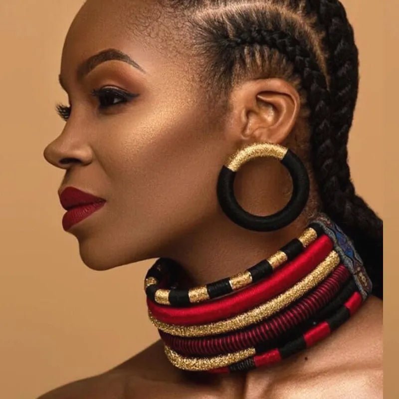 Colorful Rope Weave African Necklaces: Multilayer Tribal Choker Earrings Set - Flexi Africa - Flexi Africa offers Free Delivery Worldwide - Vibrant African traditional clothing showcasing bold prints and intricate designs