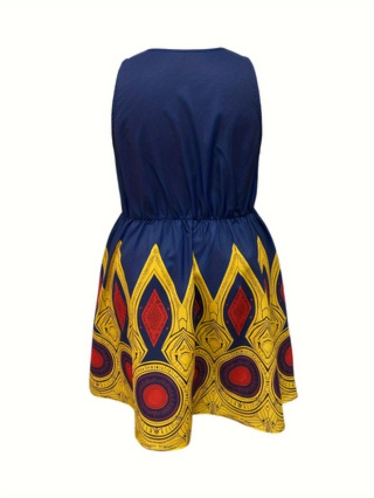 Curvy Fit Printed V - Neck Sleeveless Waist Dress - Free Delivery Worldwide only at Flexi Africa