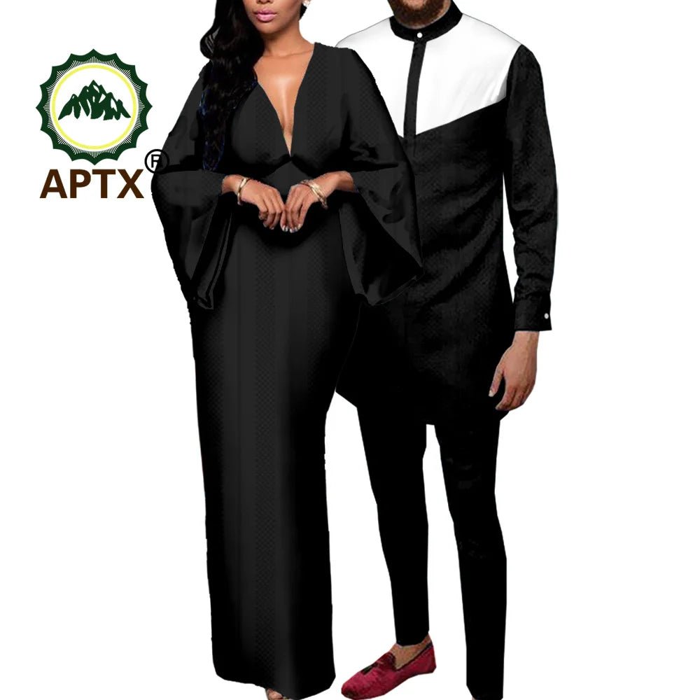 Dashiki African Couple Clothing – Sexy V - Neck Women’s Prom Dress with Matching Men’s Shirt & Pants Set - Free Delivery Worldwide only at Flexi Africa