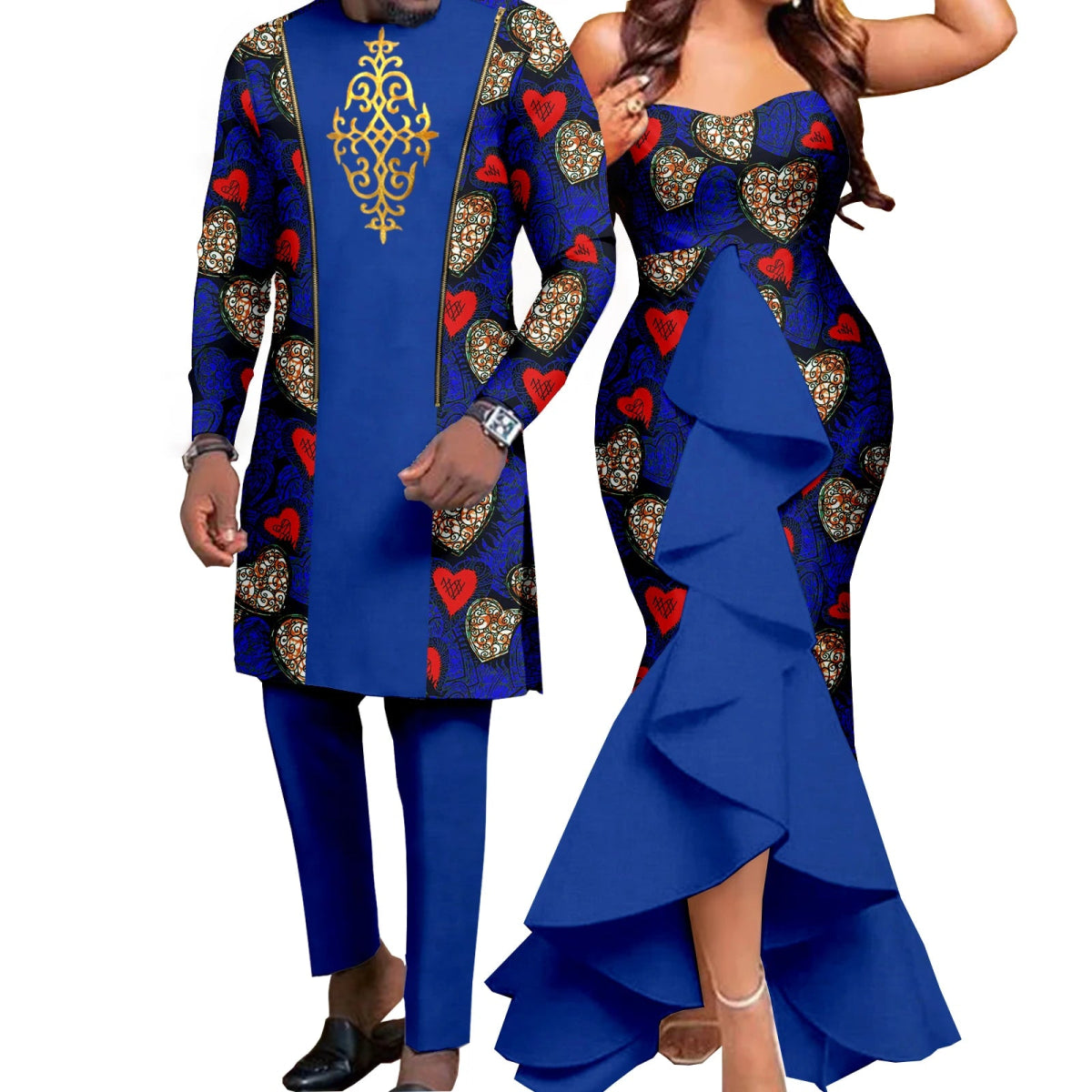 Dashiki African Couple Wedding Set – Women’s Mermaid Dress & Matching Men’s Bazin Riche Shirt and Pants - Free Delivery Worldwide only at Flexi Africa