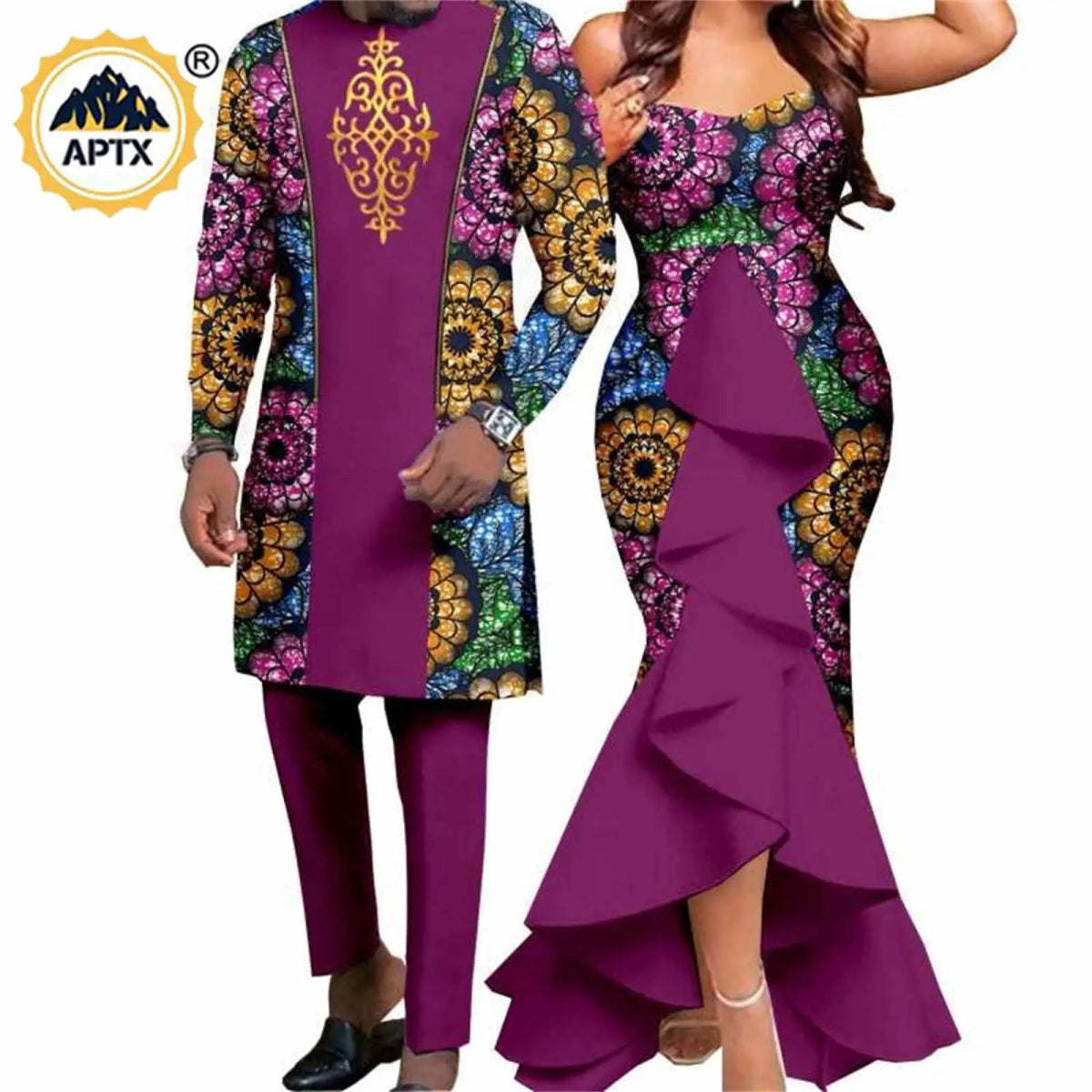 Dashiki African Couple Wedding Set – Women’s Mermaid Dress & Matching Men’s Bazin Riche Shirt and Pants - Free Delivery
