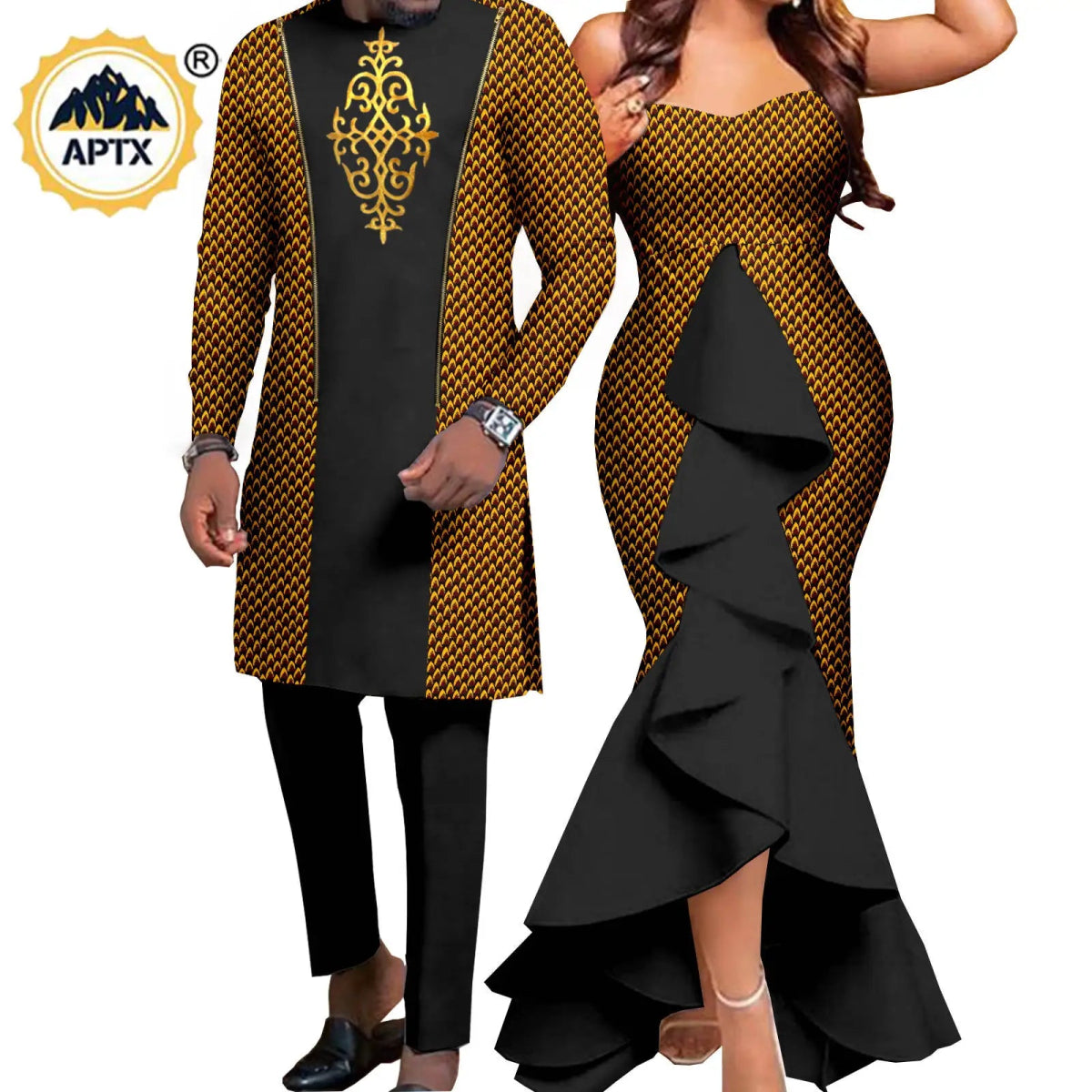 Dashiki African Couple Wedding Set – Women’s Mermaid Dress & Matching Men’s Bazin Riche Shirt and Pants - Free Delivery