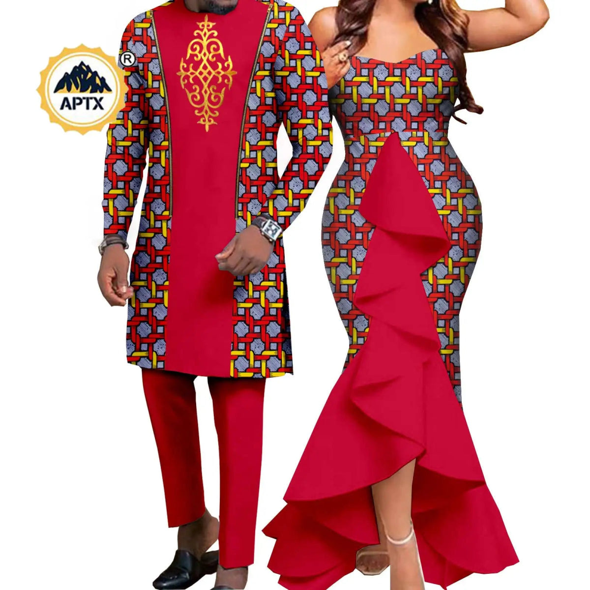 Dashiki African Couple Wedding Set – Women’s Mermaid Dress & Matching Men’s Bazin Riche Shirt and Pants - Free Delivery Worldwide only at Flexi Africa