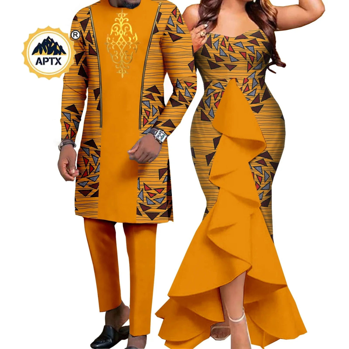 Dashiki African Couple Wedding Set – Women’s Mermaid Dress & Matching Men’s Bazin Riche Shirt and Pants - Free Delivery