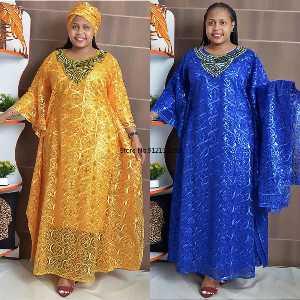 Dashiki African Dresses for Women Spring Summer African Women Blue Yellow O - neck Long Dress Inner and Headtie African Clothes - Free Delivery Worldwide only at Flexi Africa