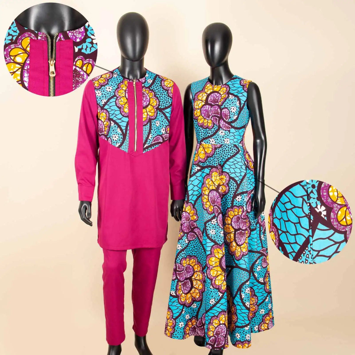 Dashiki Couple Outfit Set – Women’s African Dress with Men’s Bazin Riche Top and Pants for Special Occasions - Free Delivery Worldwide only at Flexi Africa