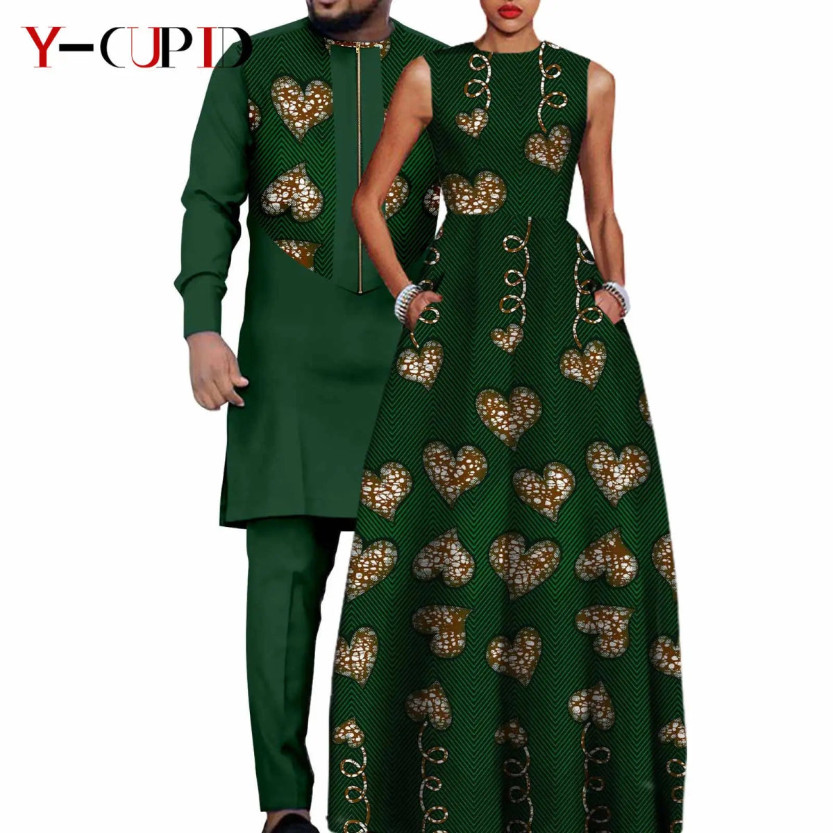 Dashiki Couple Outfit Set – Women’s African Dress with Men’s Bazin Riche Top and Pants for Special Occasions - Free Delivery Worldwide only at Flexi Africa