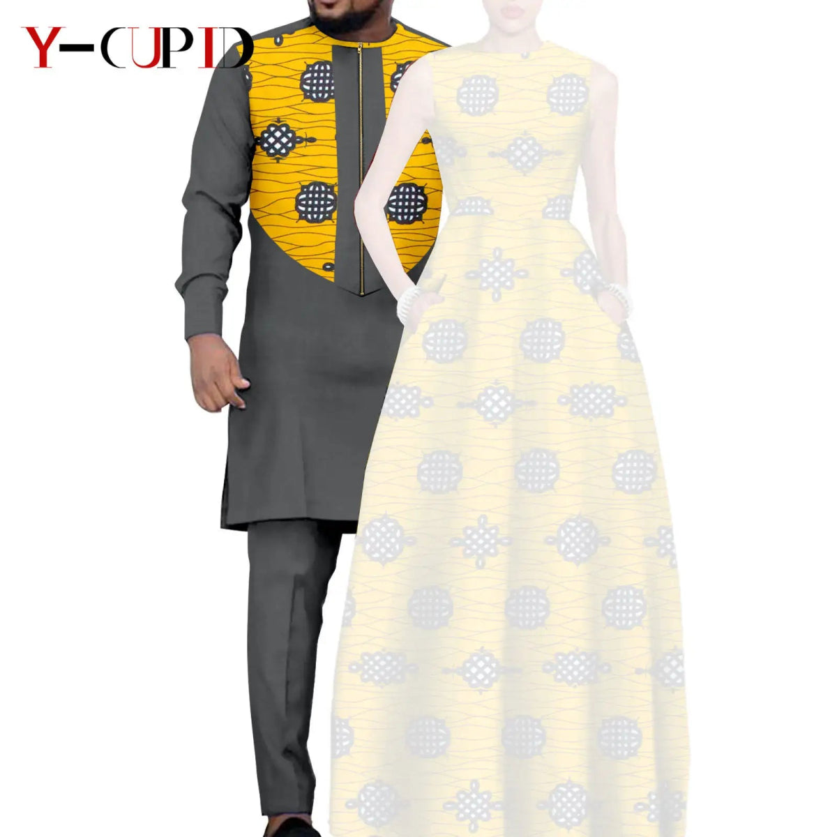 Dashiki Couple Outfit Set – Women’s African Dress with Men’s Bazin Riche Top and Pants for Special Occasions - Free Delivery Worldwide only at Flexi Africa